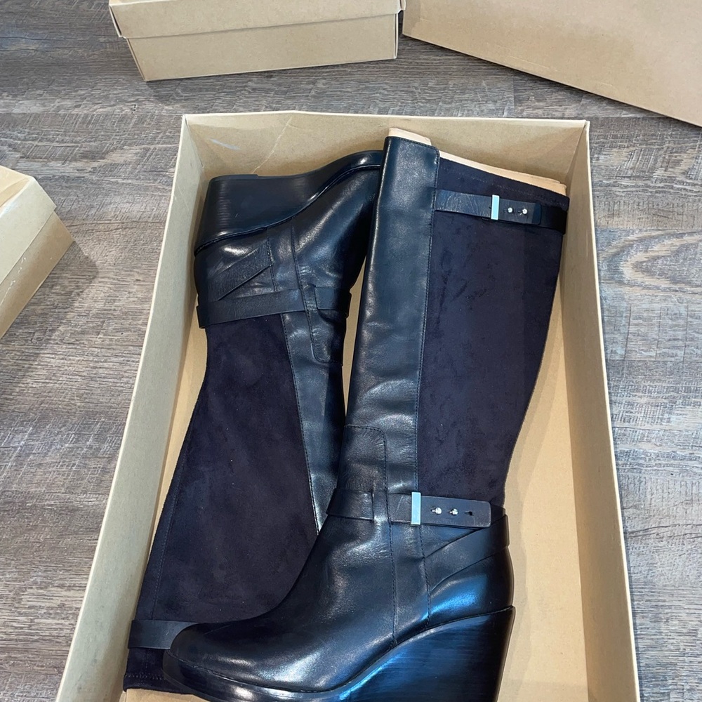 Cole Haan Black Leather and Suede Knee-High Wedge Boots - Picture 2 of 10